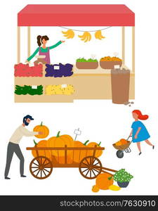 Salesperson with organic production, isolated woman with cucumber and aubergines, bananas and apples. Man and kid with pumpkins on cart. Vector illustration in flat cartoon style. Woman Selling Organic Products Veggies Market