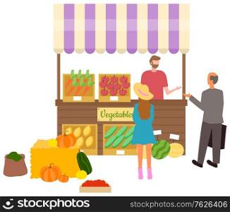 Salesperson with vegetable and fruits on shelves vector, isolated stall tent with carrots and pumpkins. Spices powder in bag, cucumber and tomatoes. Flat cartoon. Market Vegetables, Man Selling Veggies and Fruits