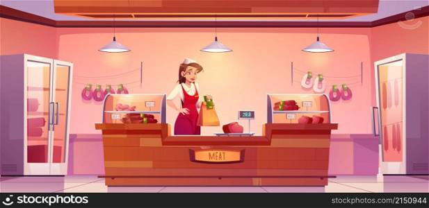 Saleswoman at meat shop desk, girl in uniform holding paper bag at butchery store interior with farm production on showcase and scales. Fresh farmer meaty products stall, Cartoon vector illustration. Saleswoman at meat shop desk, girl at farmer stall