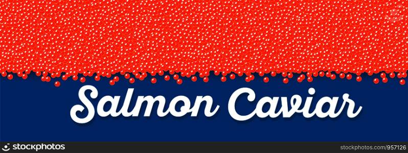 Salmon caviar banner in cartoon style. Delicious seafood background. Red caviar vector illustration. Natural and healthy luxury food. Design element for fish menu.. Salmon caviar banner in cartoon style