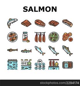 Salmon Fish Delicious Seafood Icons Set Vector. Sashimi And Salmon Fillet Steak, Fresh And Cooked Dish Sea Food, Caviar And Oil Line. Plant Processing And Farming Color Illustrations. Salmon Fish Delicious Seafood Icons Set Vector