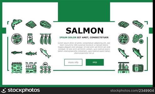 Salmon Fish Delicious Seafood Landing Web Page Header Banner Template Vector. Sashimi And Salmon Fillet Steak, Fresh Cooked Dish Sea Food, Caviar And Oil Line. Plant Processing Farming Illustration. Salmon Fish Delicious Seafood Landing Header Vector