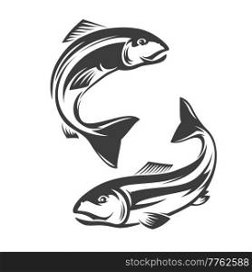 Salmon fish icon. Fishing sport, hobby equipment store or seafood products shop monochrome vector emblem, icon or yin and yang symbol with two swimming, jumping out of water sea or ocean salmon fishes. Salmon fish monochrome vector icon or emblem