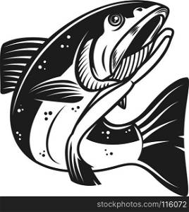 Salmon fish illustration isolated on white background. Design element for logo, label, emblem, sign. Vector illustration