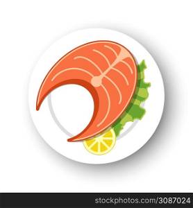 Salmon fish steak on white dish isolated on white background, vector illustration