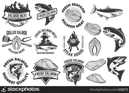 Salmon meat labels and badges. Seafood grill. Fish steak. Design elements for label, emblem, sign. Vector illustration