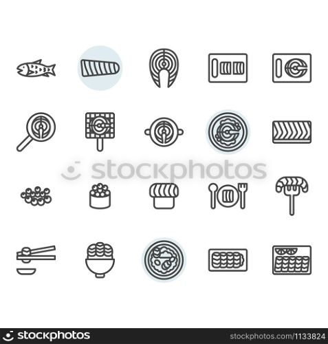 Salmon related icon and symbol set in outline design