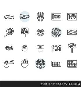 Salmon related icon and symbol set in outline design