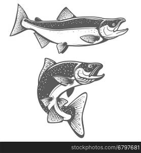Salmon silhouettes. Fresh seafood. Salmon fishing. Design element for logo, label, emblem, sign. Vector illustration.
