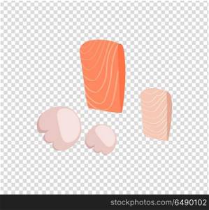 Salmon Steak Vector Flat Design Illustration. Salmon steak vector monochrome variant. Fresh sea food concept illustration for packaging, logos, and patterns. Healthy eating marine products. Bright red salmon steak