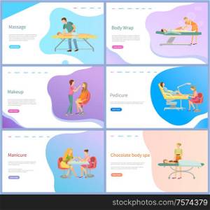 Salon with beauty procedures online appointment order vector. Massage and body wrap, makeup and pedicure, manicure and chocolate body spa, web pages. Website template landing page in flat. Beauty and Spa Procedures Online Appointment Order