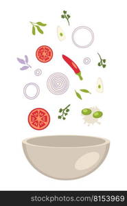 Salsa mexican spicy sauce recipe ingredients fall in bowl. Perfect for tee, poster, menu and print. Isolated vector illustration for decor and design. 
