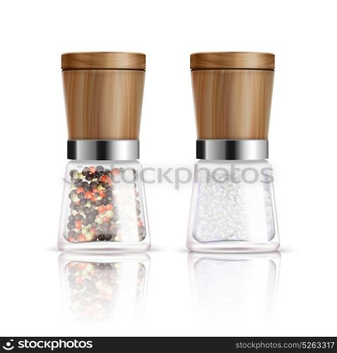 Salt And Pepper Mill Composition. Two isolated realistic salt and pepper mill composition with glass container and wooden cover vector illustration