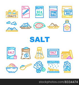 salt sea food crystal powder icons set vector. spice white, sodium seasoning, bowl mineral pile, shaker, cooking salty ingredient salt sea food crystal powder color line illustrations. salt sea food crystal powder icons set vector