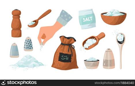 Salt set sketch. Hand drawn salty seasoning in spoons and bowls. Isolated glass bottles and wooden mills with sea crystals. Mineral spice powder piles. Cooking ingredient collection. Vector condiment. Salt set sketch. Hand drawn salty seasoning in spoons and bowls. Glass bottles and wooden mills with sea crystals. Spice powder piles. Cooking ingredient collection. Vector condiment