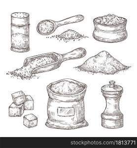 Salt sketch. Hand draw spice, vintage bowl spoon with sea salt powder. Food ingredients to cook, isolated pepper shaker vector illustration. Salty and pepper sketch, shaker container. Salt sketch. Hand draw spice, vintage bowl spoon with sea salt powder. Food ingredients to cook, isolated pepper shaker vector illustration