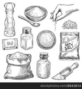 Salt sketch. Hand drawn spoon, bowl and bag with sea salting crystals for bath or cook. Salt shaker and arm with spice, engraving vector set. Sketch spoon with salt, bowl and shaker illustration. Salt sketch. Hand drawn spoon, bowl and bag with sea salting crystals for bath or cook. Salt shaker and arm with spice, engraving vector set