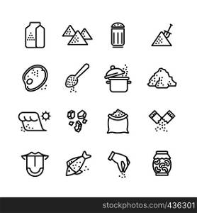 Salt vector line icons set. Illustration of salt icon for cook meat and fish. Salt vector line icons set
