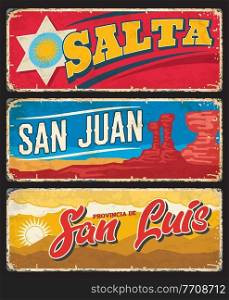 Salta, San Juan and San Luis provinces Argentine regions vector plates with coat of arms, Ischigualasto park mountains and sun. Argentina province, South America country region shabby plate. Argentine provinces grunge plates, tin signs
