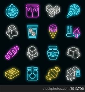 Salted caramel icons set. Outline set of salted caramel vector icons neon color on black. Salted caramel icons set vector neon