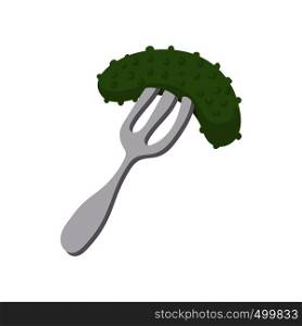 Salted cucumber on a fork icon in cartoon style on a white background . Salted cucumber on a fork icon in, cartoon style