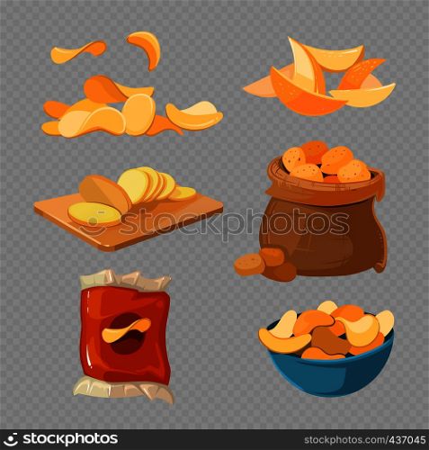 Salty fried potato chips snacks isolated on transparent background. Food vector illustration. Salty fried potato chips snacks isolated on transparent background