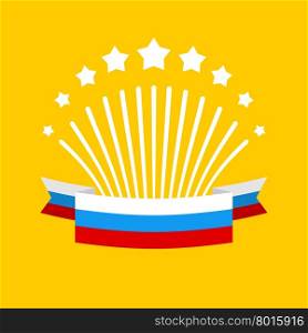 Salute and flag of Russia. Fireworks and Patriotic Ribbon from Tricolor Russian flag. Design element for greeting card for May 9 or 23 February.