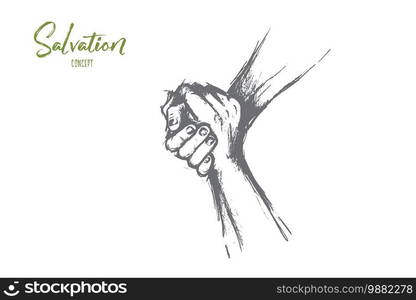 Salvation concept. Hand drawn helping hand outstretched for salvation Two hands united in a handshake isolated vector illustration.. Salvation concept. Hand drawn isolated vector.