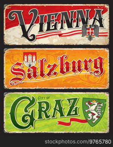 Salzburg, Vienna, Graz austrian city plates and travel stickers. Austria provinces vector vintage banners with heraldic symbolic and coat of arms. Touristic grunge signs, postcards, scratchy boards. Salzburg, Vienna, Graz austrian city travel plates