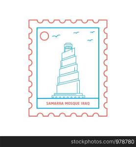 SAMARRA MOSQUE IRAQ postage stamp Blue and red Line Style, vector illustration