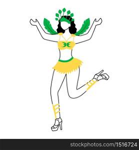 Samba dancer flat silhouette vector illustration. Dancing woman in top and short skirt 2D isolated outline character on white background. Carnival performance simple style drawing