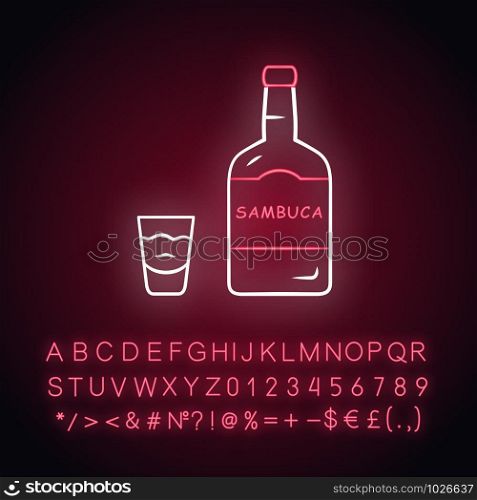 Sambuca neon light icon. Bottle and shot glass with drink. Alcoholic beverage consumed for cocktails, straight. Glowing sign with alphabet, numbers and symbols. Vector isolated illustration