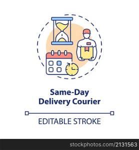 Same day delivery courier concept icon. Urgent and fast shipment abstract idea thin line illustration. Isolated outline drawing. Editable stroke. Roboto-Medium, Myriad Pro-Bold fonts used. Same day delivery courier concept icon