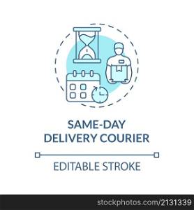 Same day delivery courier turquoise concept icon. Urgent and fast shipment abstract idea thin line illustration. Isolated outline drawing. Editable stroke. Roboto-Medium, Myriad Pro-Bold fonts used. Same day delivery courier turquoise concept icon