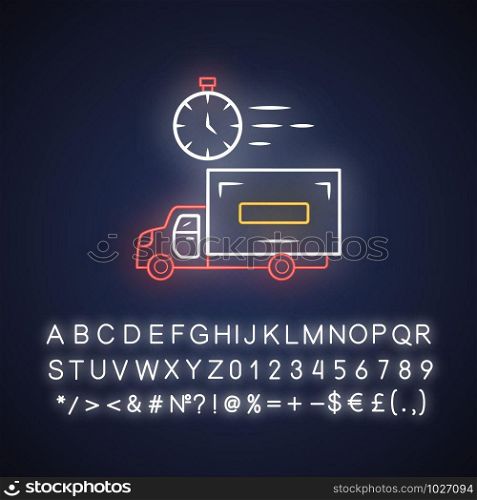 Same day delivery neon light icon. Fast shipping service, postal system. Express delivery truck. Quick parcel transportation. Shipment service. Glowing alphabet, numbers. Vector isolated illustration