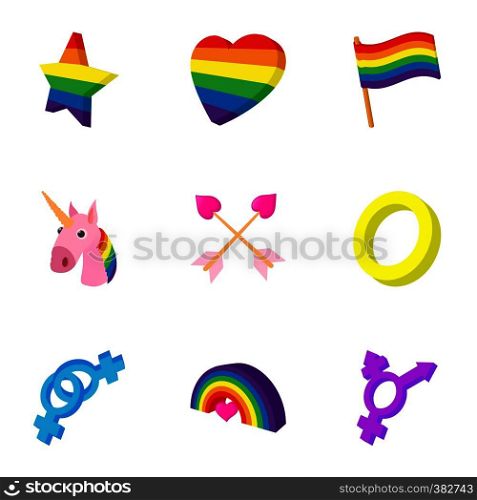 Same-sex love icons set. Cartoon illustration of 9 same-sex love vector icons for web. Same-sex love icons set, cartoon style