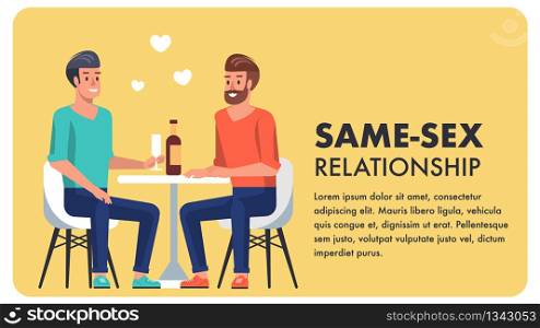 Same Sex Relationship Equality. Homosexual Family Couple Date in Cafe. LGBT Pride Community Legalize and Tolerance Flat Cartoon Banner. Millenial Gay Guy Unconventional Friendship.. Same Sex Relationship Equality Flat Cartoon Banner