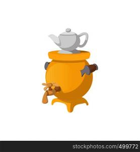 Samovar with teapot icon in cartoon style on a white background. Samovar with teapot icon, cartoon style
