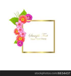 Sample text your text here congratulation postcard with spring and summer flowers and square frame vector illustration on white background.. Cute Congratulation Postcard with Spring Flowers