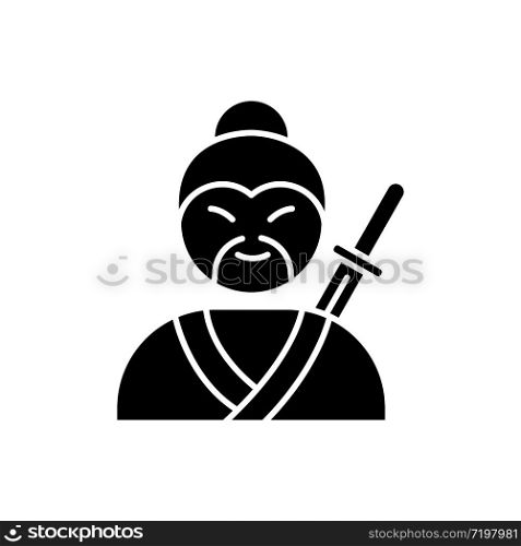 Samurai black glyph icon. Asian martial arts fighter. Old man with moustache and katana. Chinese medieval soldier. Japanese swordsman. Silhouette symbol on white space. Vector isolated illustration
