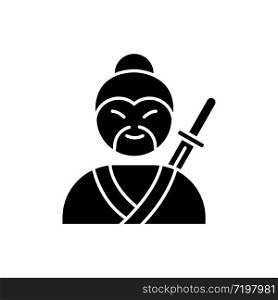 Samurai black glyph icon. Asian martial arts fighter. Old man with moustache and katana. Chinese medieval soldier. Japanese swordsman. Silhouette symbol on white space. Vector isolated illustration