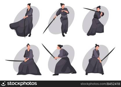 Samurai cartoon character set. Japanese knight, warrior in black kimono with katana sword. Vector illustration for Asia, culture, fight concept