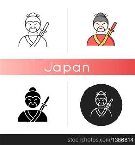 Samurai icon. Asian martial arts fighter. Old man with moustache and katana. Chinese medieval soldier. Japanese swordsman. Linear black and RGB color styles. Isolated vector illustrations. Samurai icon. Asian martial arts fighter
