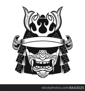 Samurai in black mask. Japan traditional fighter. Vintage isolated vector illustration. Military art and design elements concept