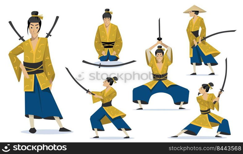 Samurai in different poses set. Traditional Japanese warriors wearing kimono, walking, meditating, training fighting skills. For Japan history, Asian knight, culture concepts