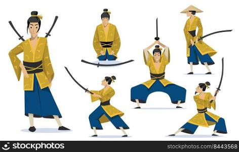 Samurai in different poses set. Traditional Japanese warriors wearing kimono, walking, meditating, training fighting skills. For Japan history, Asian knight, culture concepts