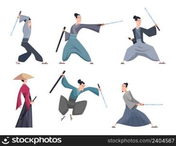 Samurai. Male asian warriors with sword various action poses exact vector cartoon characters isolated. Illustration asian japan warrior with katana. Samurai. Male asian warriors with sword various action poses exact vector cartoon characters isolated