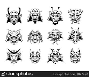 Samurai mask. Hand drawn Japanese warrior helmet tattoo. Medieval bushido demon engraving. Asian traditional head of armor. Isolated ancient fighters faces. Vector oriental military ninja drawing set. Samurai mask. Hand drawn Japanese warrior helmet tattoo. Medieval bushido demon engraving. Asian traditional head of armor. Ancient fighters faces. Vector military ninja drawing set