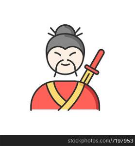 Samurai RGB color icon. Asian martial arts fighter. Old man with moustache and katana. Chinese medieval soldier. Japanese swordsman. Male chinese in traditional clothing. Isolated vector illustration