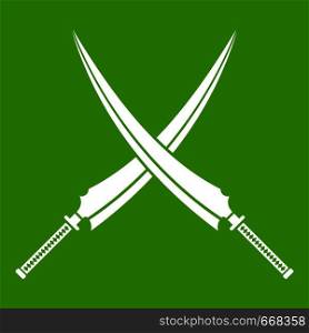 Samurai swords icon white isolated on green background. Vector illustration. Samurai swords icon green